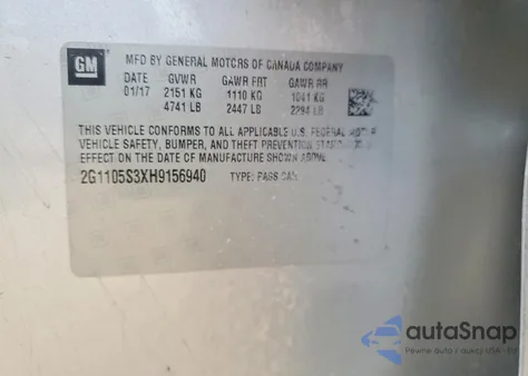 2017 Chevrolet Impala Lt из США, поврежденный, VIN 2G1105S3XH9156940